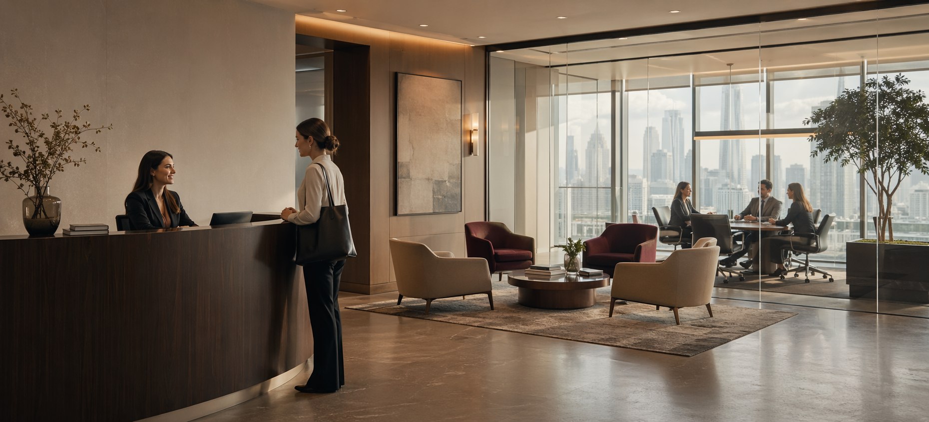 Premium reception and consultation environment representing enforcement and client response support