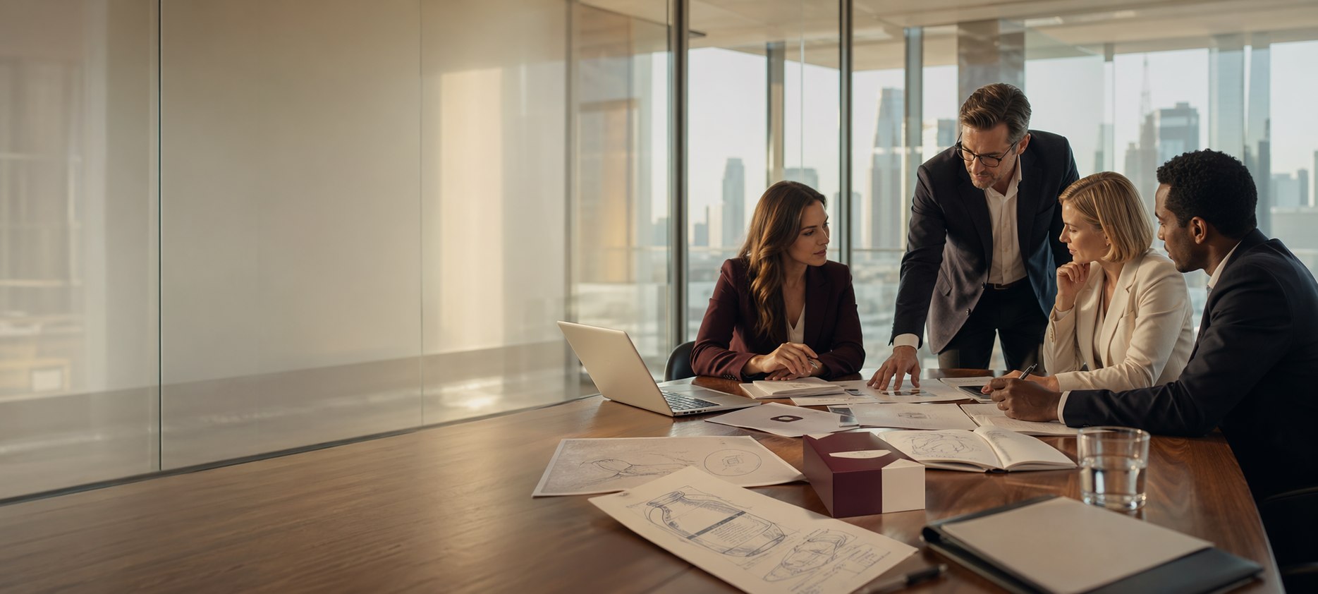 IP attorneys and clients reviewing innovation, brand, and design material in a premium conference room