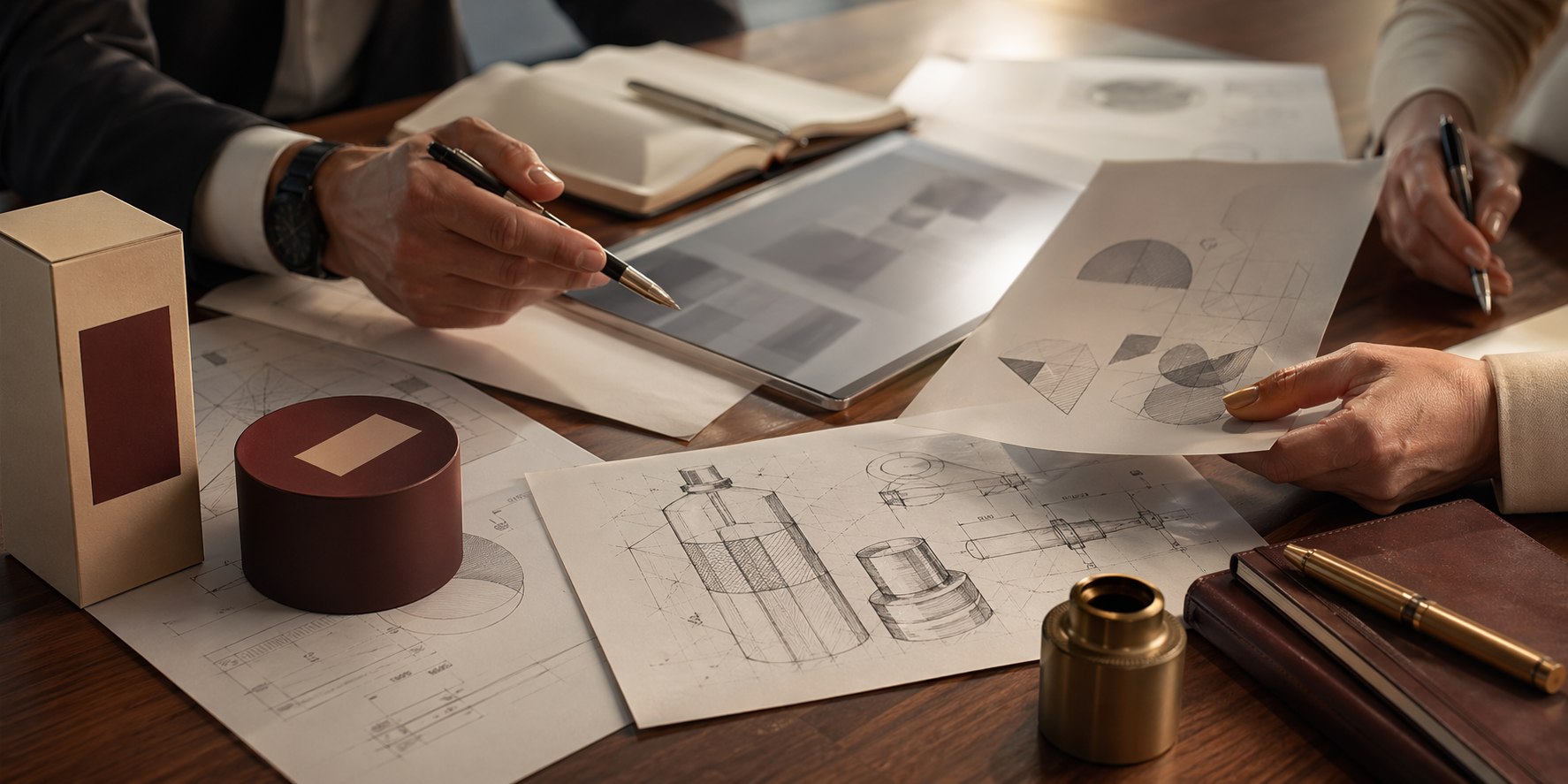 Consumer products, packaging, and brand development materials arranged on a design review table