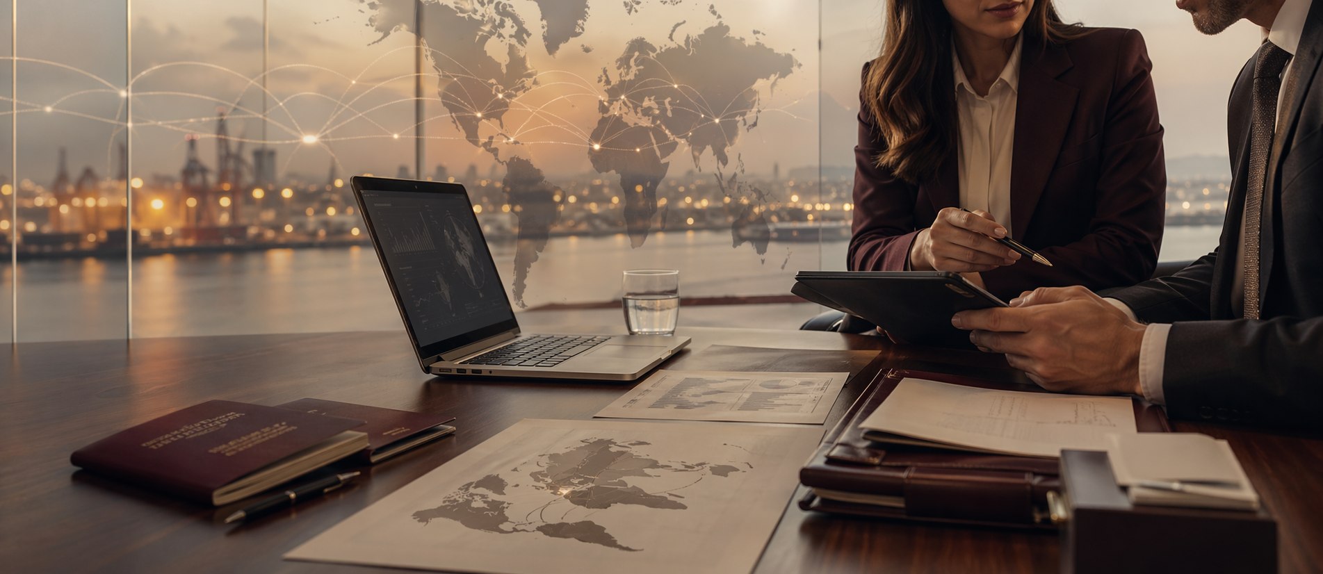 Cross-border strategy meeting with global market map and international legal coordination materials