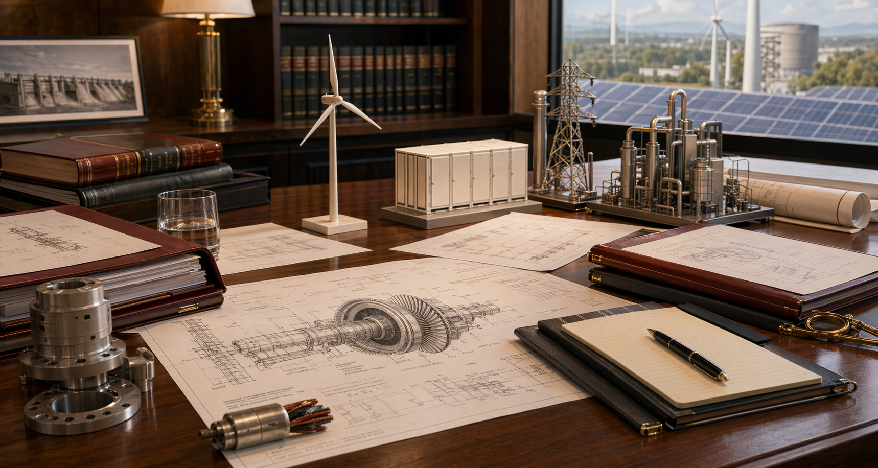 Clean energy and infrastructure technology materials shown in a premium editorial workspace