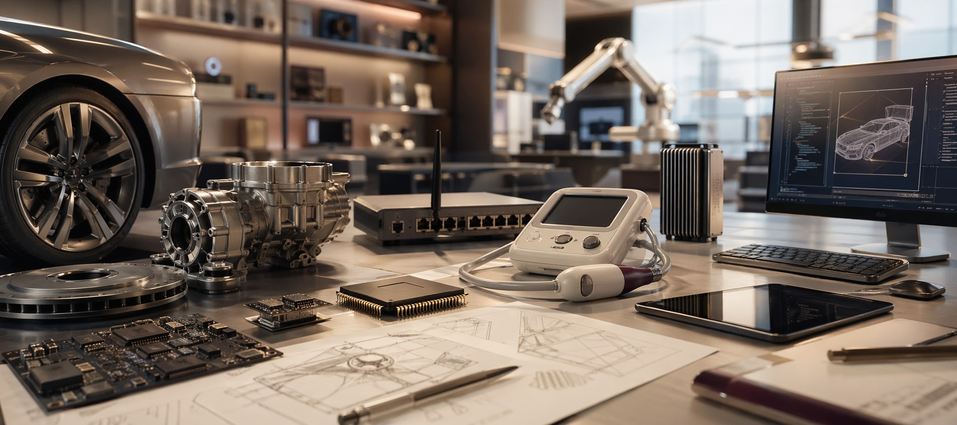 Automotive, electronics, software, telecom, healthcare, and engineering subjects arranged as a premium innovation editorial image