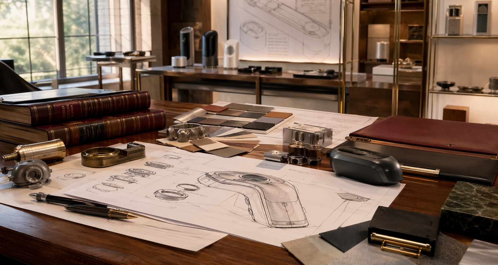 Industrial design and manufacturing materials displayed in a formal design protection setting